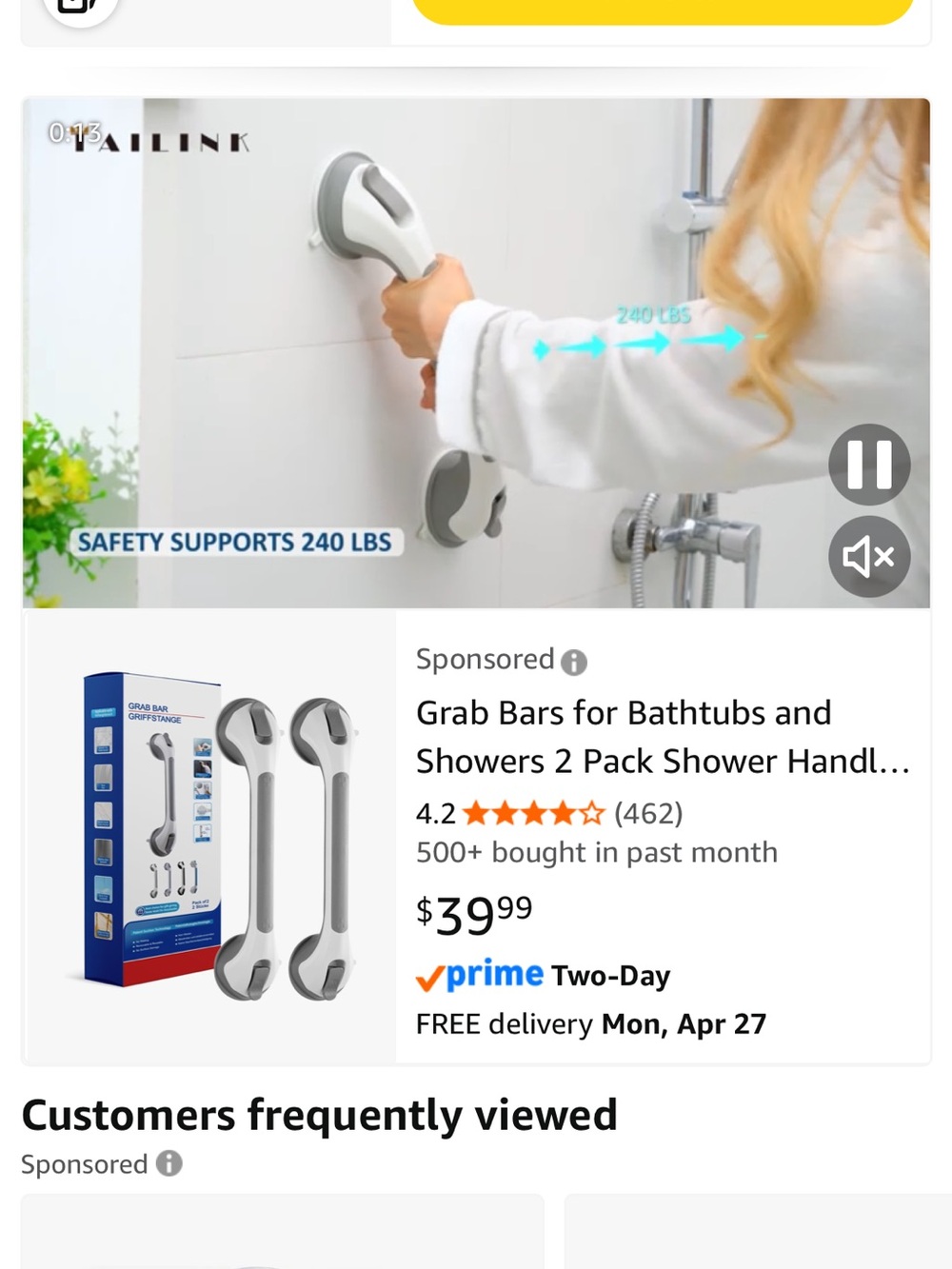 Safety Grab Bar for Bathtub and Shower - White/ black (2-Pack)